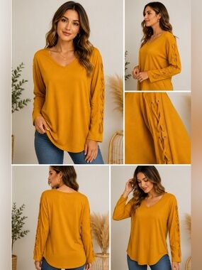 Carolyn Taylor Mustard Yellow Lace-Up Sleeve Top Women’s Size L V-Neck